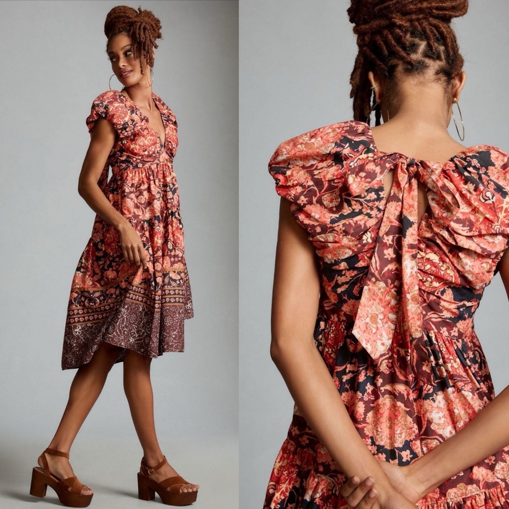 Anthropologie Red and Black Floral Midi Dress